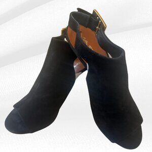 Via Spiga Black Suede Peep Toe Sandal Heels Gold Buckle Size 8M EUR 39